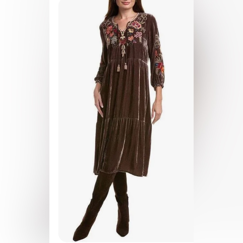 Johnny Was “Taline Velvet Midi Dress” in coffee bean brown. New with tags. - Picture 7 of 12